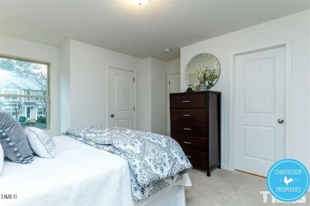 a bedroom with a bed and a closet