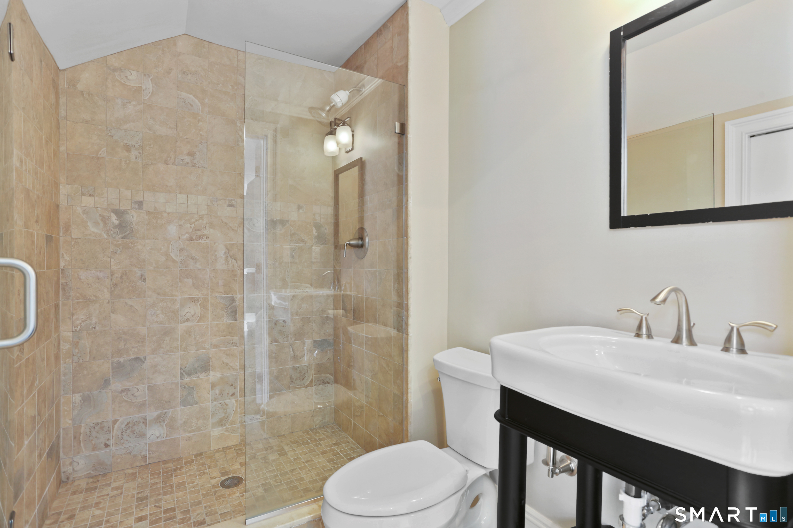 2 Trout Creek Road, Unit 2 Shelton, CT 06484 - Photo 30 of 38 Beautifully appointed full bath with walk-in shower, perfectly situated to serve the expansive loft level and third bedroom.