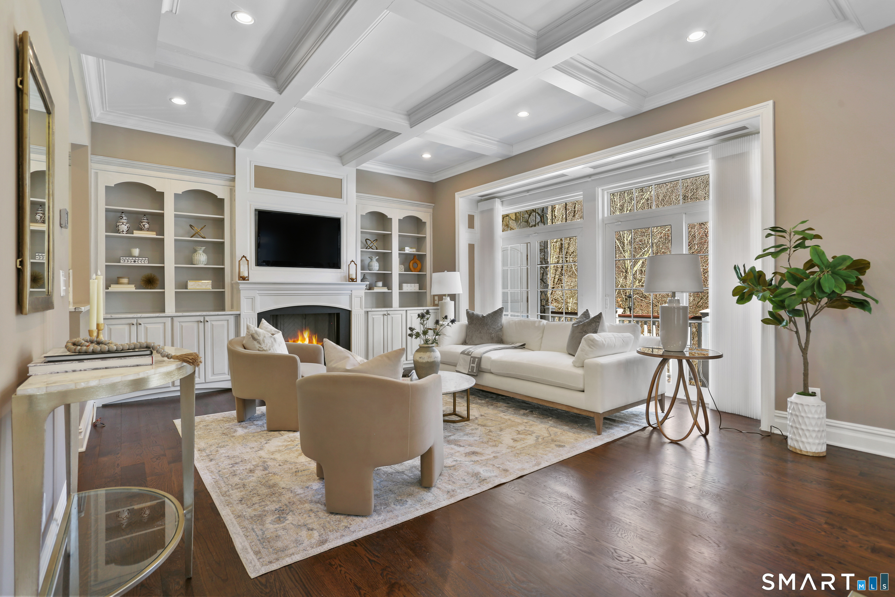 2 Trout Creek Road, Unit 2 Shelton, CT 06484 - Photo 4 of 38 Spacious living room featuring coffered ceiling, hardwood floors, gas fireplace and abundant natural light.