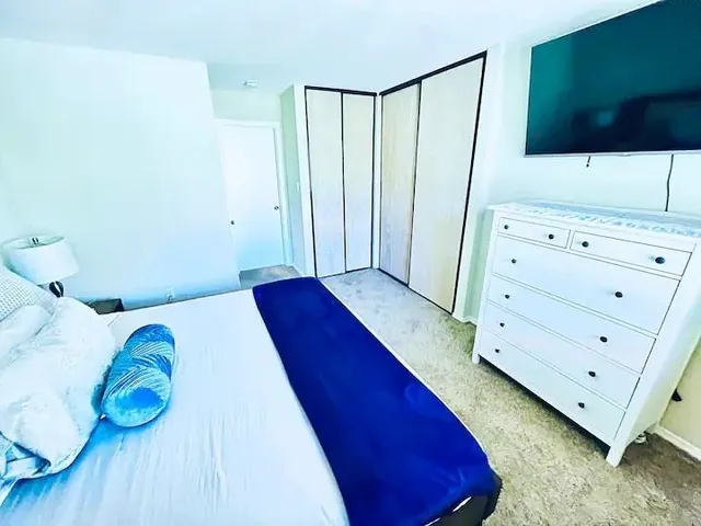 a bedroom with a bed and a flat screen tv