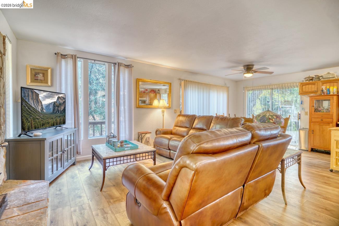 19215 Ferretti Road Groveland, CA 95321 - Photo 10 of 40 Open-concept living area featuring wood-finish flooring, a ceiling fan, and large windows with outdoor scenery