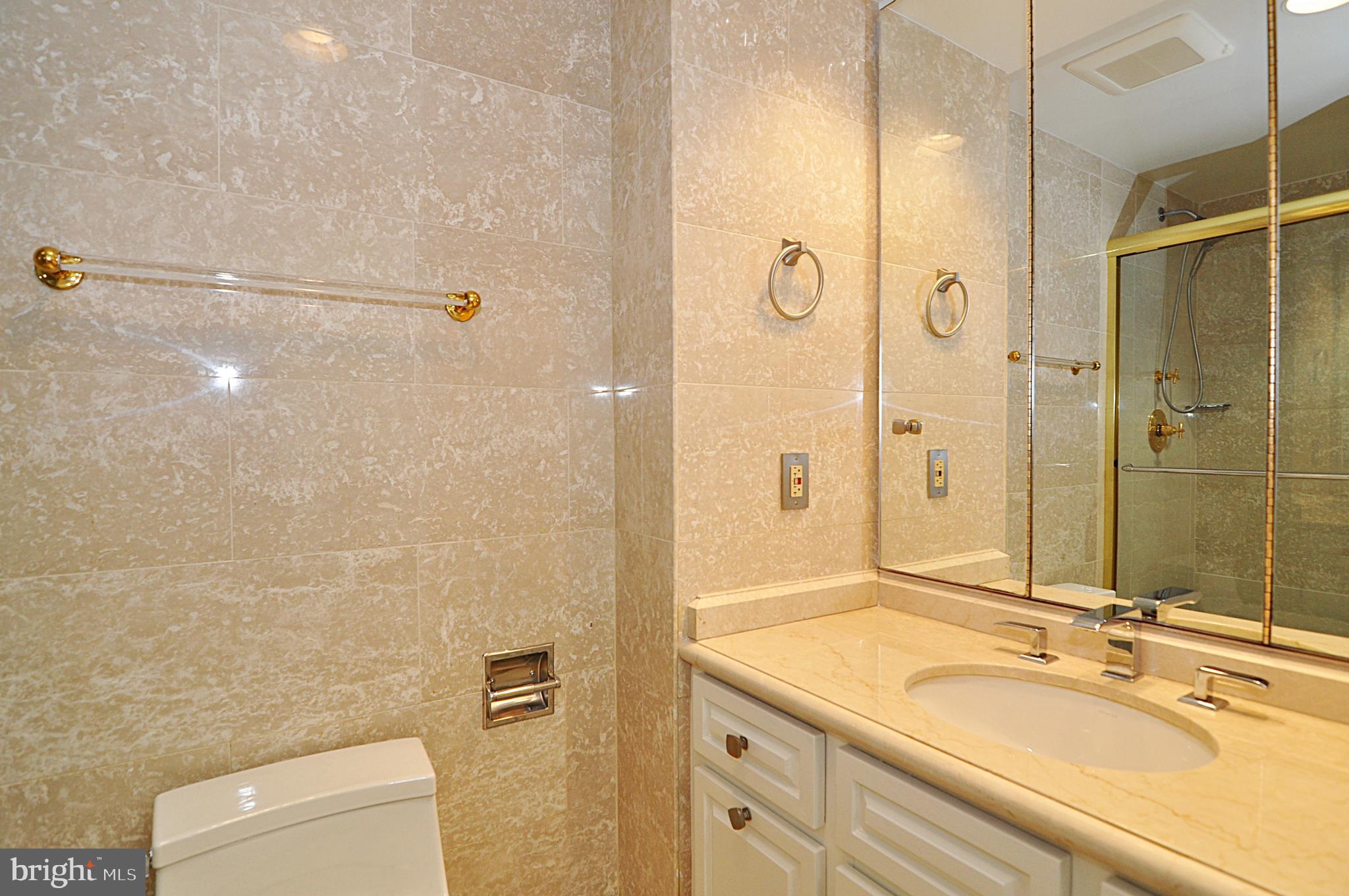 3030 K Street Northwest, Unit 204 Washington, DC 20007 - Photo 20 of 34 a bathroom with a granite countertop sink a mirror and a shower