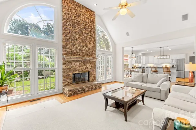 a view of a park with large trees