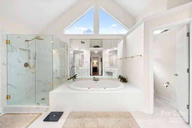 a bathroom with a bathtub and a shower