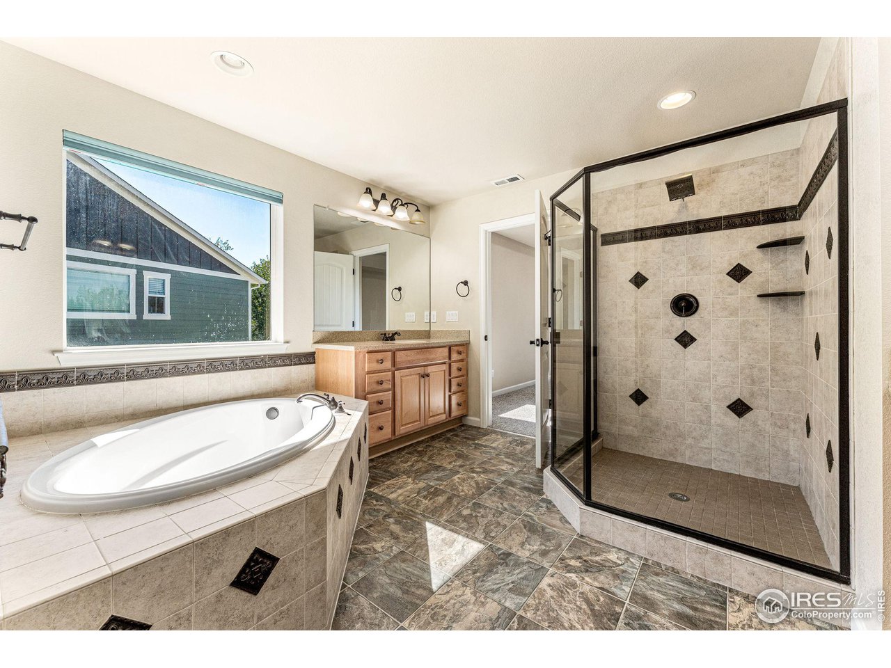 5101 Eagan Circle Longmont, CO 80503 - Photo 24 of 39 a bathroom with a sink a toilet a mirror and shower