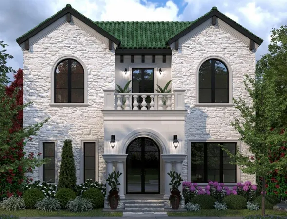 a view of a house with plants and large tree