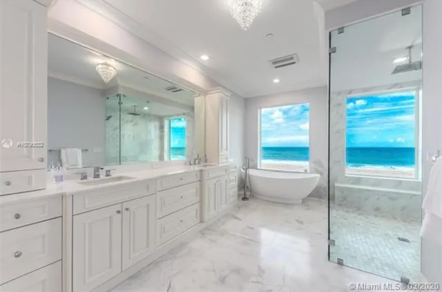 a bathroom with a bathtub and a shower