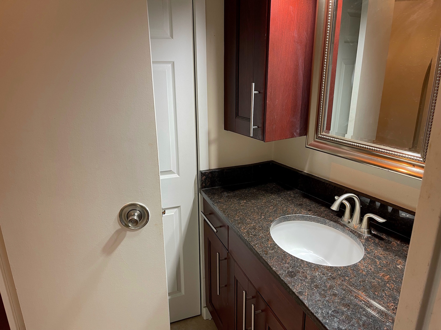 300 North State Street, Unit 2427 Chicago, IL 60654 - Photo 6 of 9 a bathroom with a granite countertop sink and a mirror