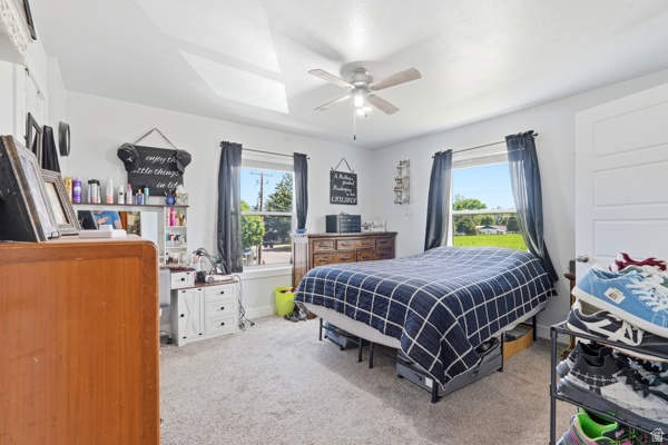 391 South 440th Street West Preston, ID 83263 - Photo 11 of 28 Carpeted bedroom featuring multiple windows, a ceiling fan with light fixture, and a paneled interior door