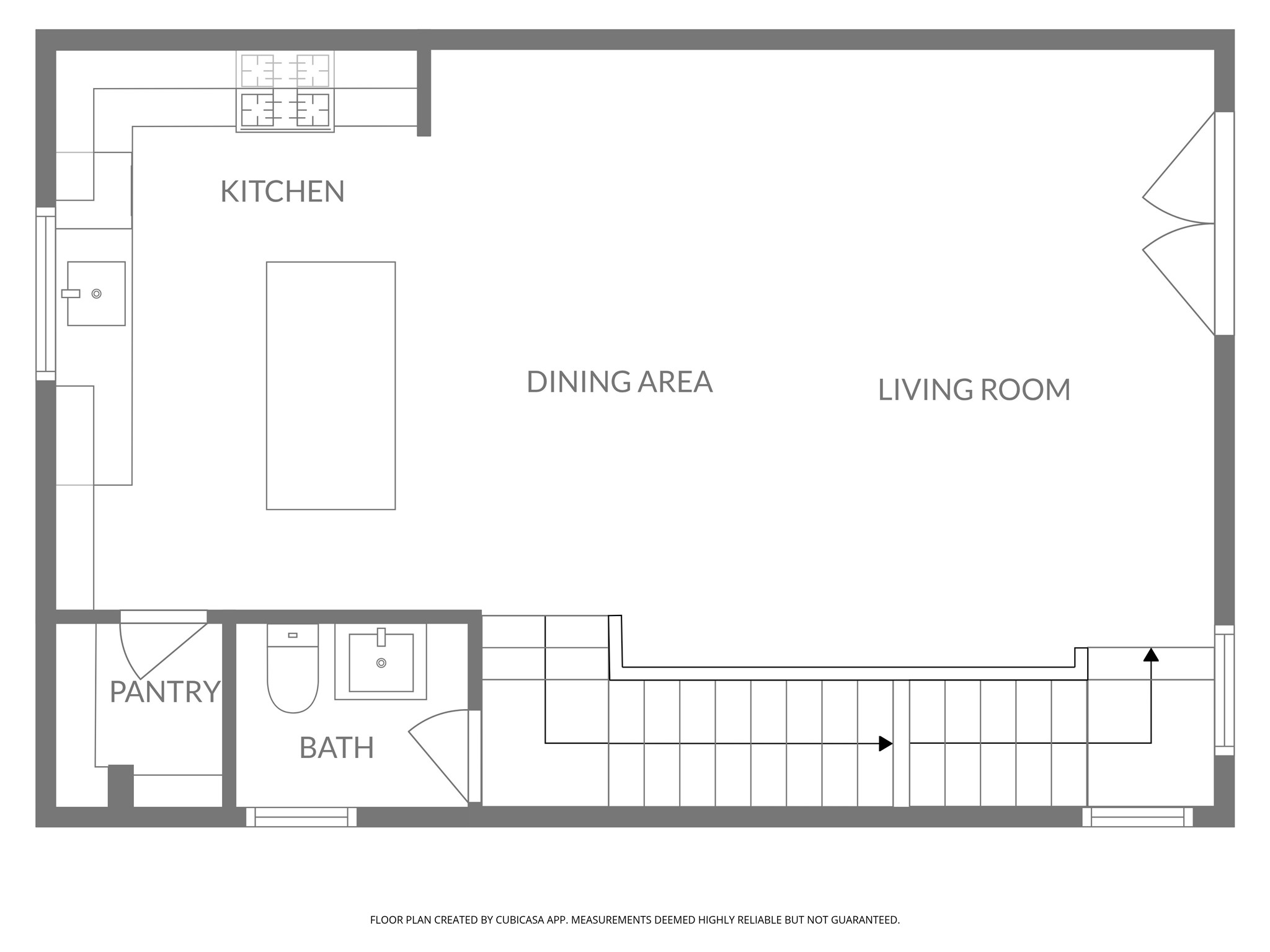 111 Milby Street Houston, TX 77003 - Photo 37 of 39 This floor plan features an open concept with a kitchen, dining area, and living room. There's a pantry adjacent to the kitchen, a bathroom near the stairs, and a central staircase. Ideal for seamless living and entertaining.