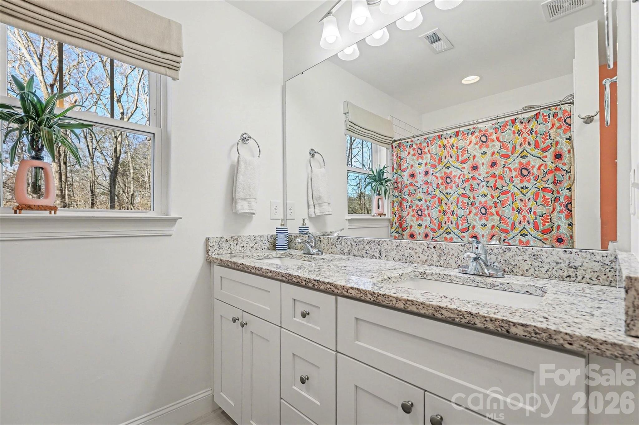 1760 Shearers Road Davidson, NC 28036 - Photo 13 of 18 a bathroom with a granite countertop sink a mirror and a shower