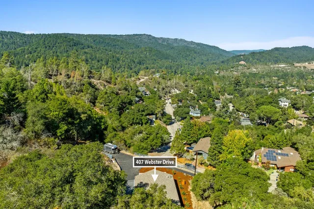 an aerial view of residential houses with outdoor space and trees