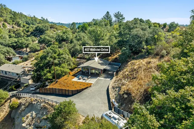 an aerial view of a house with a garden and swimming pool