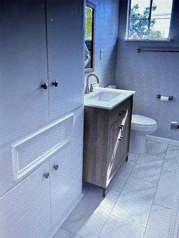 a bathroom with a sink a toilet and mirror