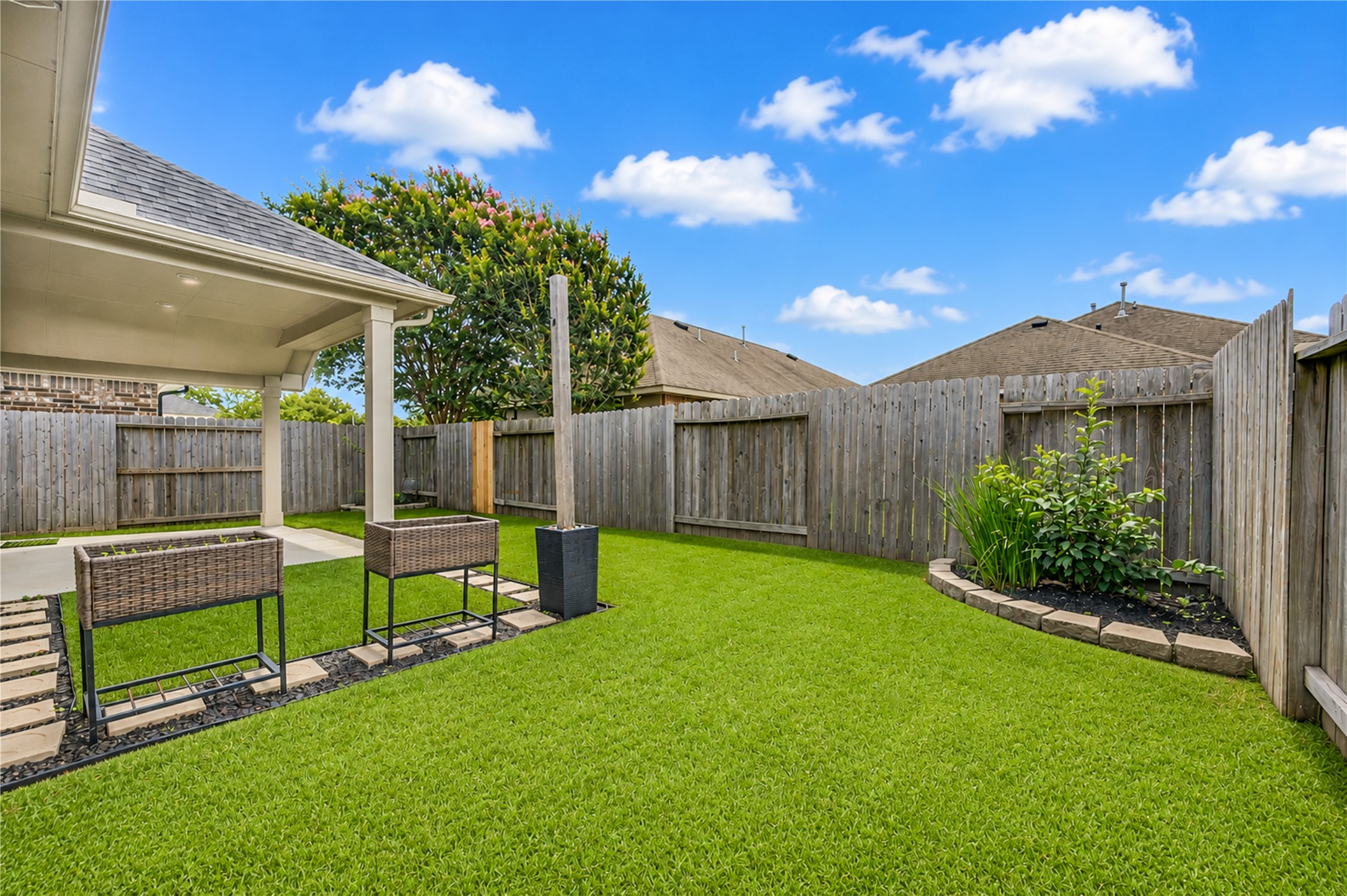 27407 Gatlin Lane Spring, TX 77386 - Photo 31 of 35 The fully fenced backyard offers a private outdoor retreat with plenty of green space for pets, play, or gardening, all complemented by attractive landscaping and room to relax.