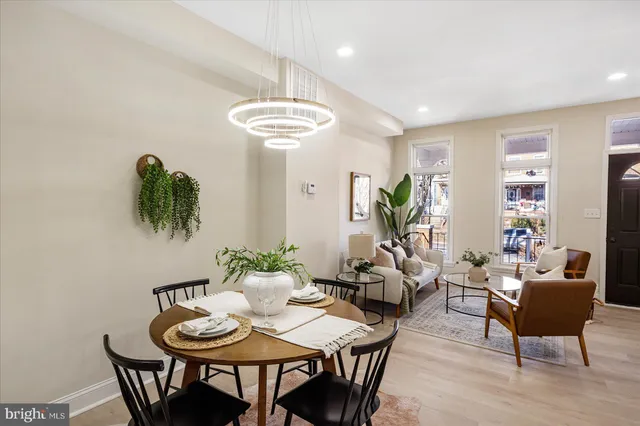 a view of a dining room with furniture