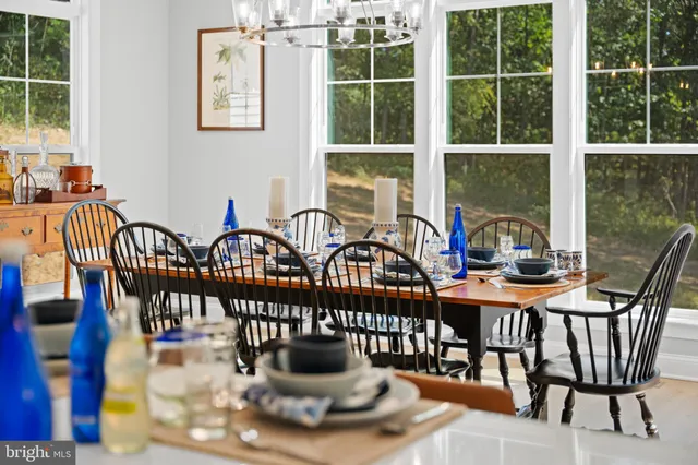 a view of a dining room with furniture window and outside view