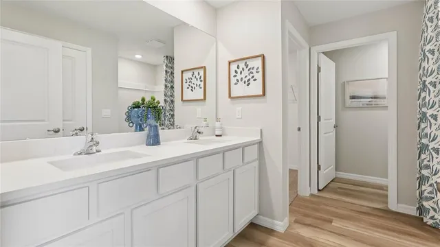 a bathroom with double vanity sink a mirror and a shower