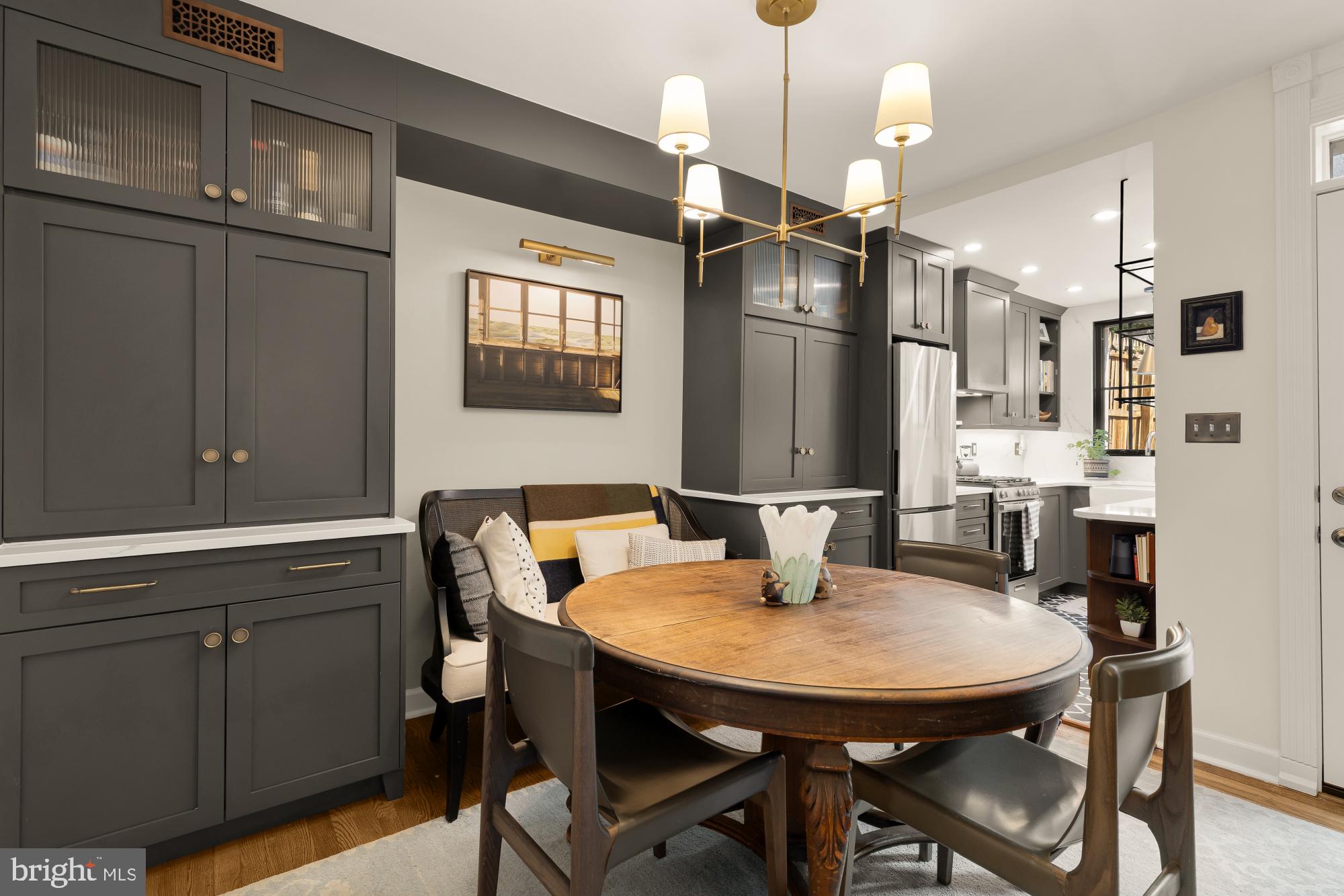 a view of a dining room with furniture
