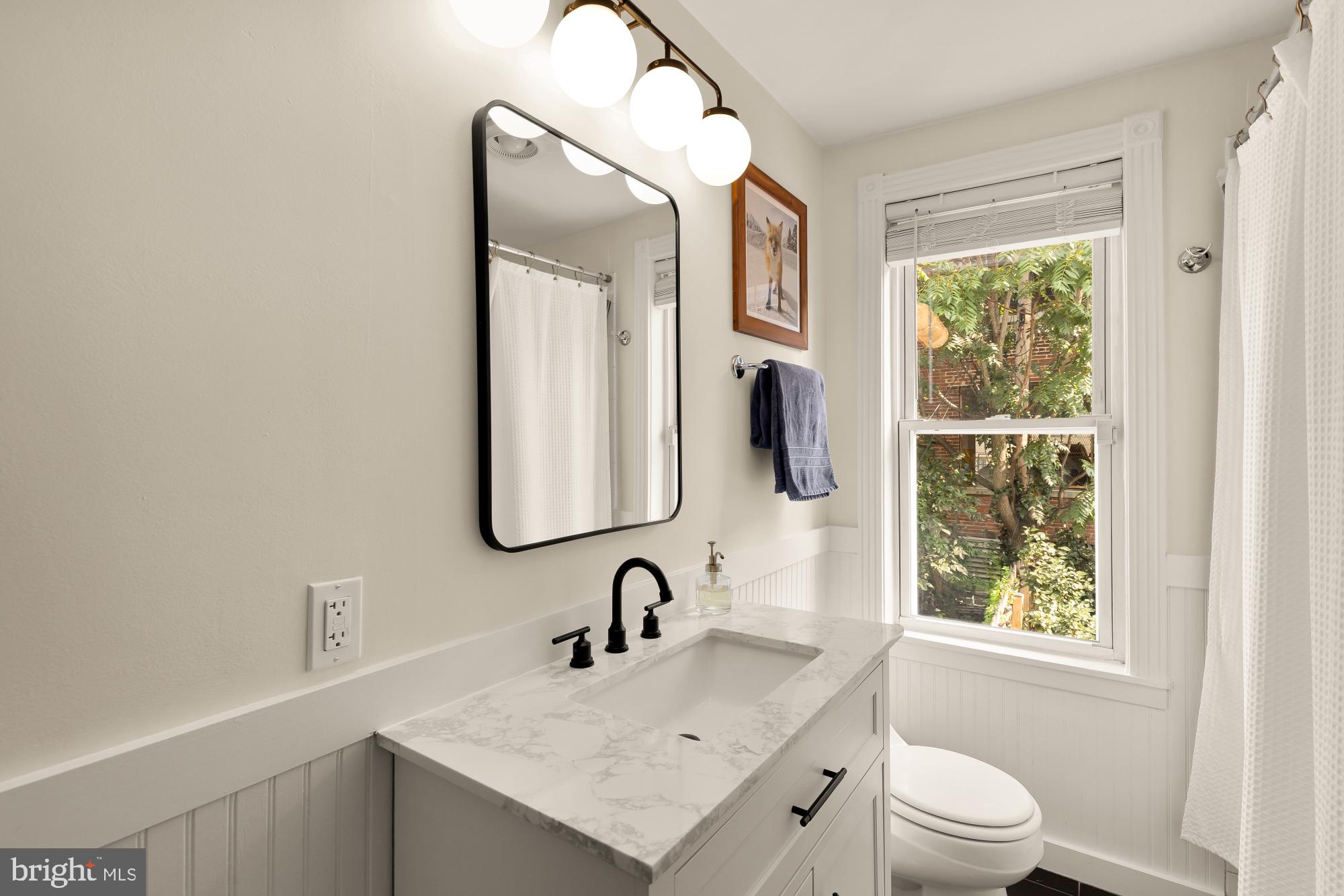 1652 Kalorama Road Northwest Washington, DC 20009 - Photo 16 of 17 a bathroom with a sink vanity granite toilet and a mirror