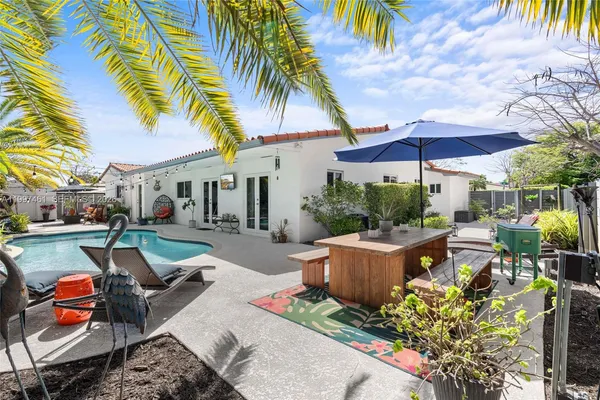 an aerial view of a house with outdoor space
