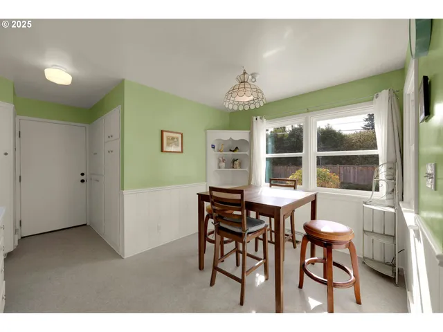 a view of a dining room with furniture window and outside view