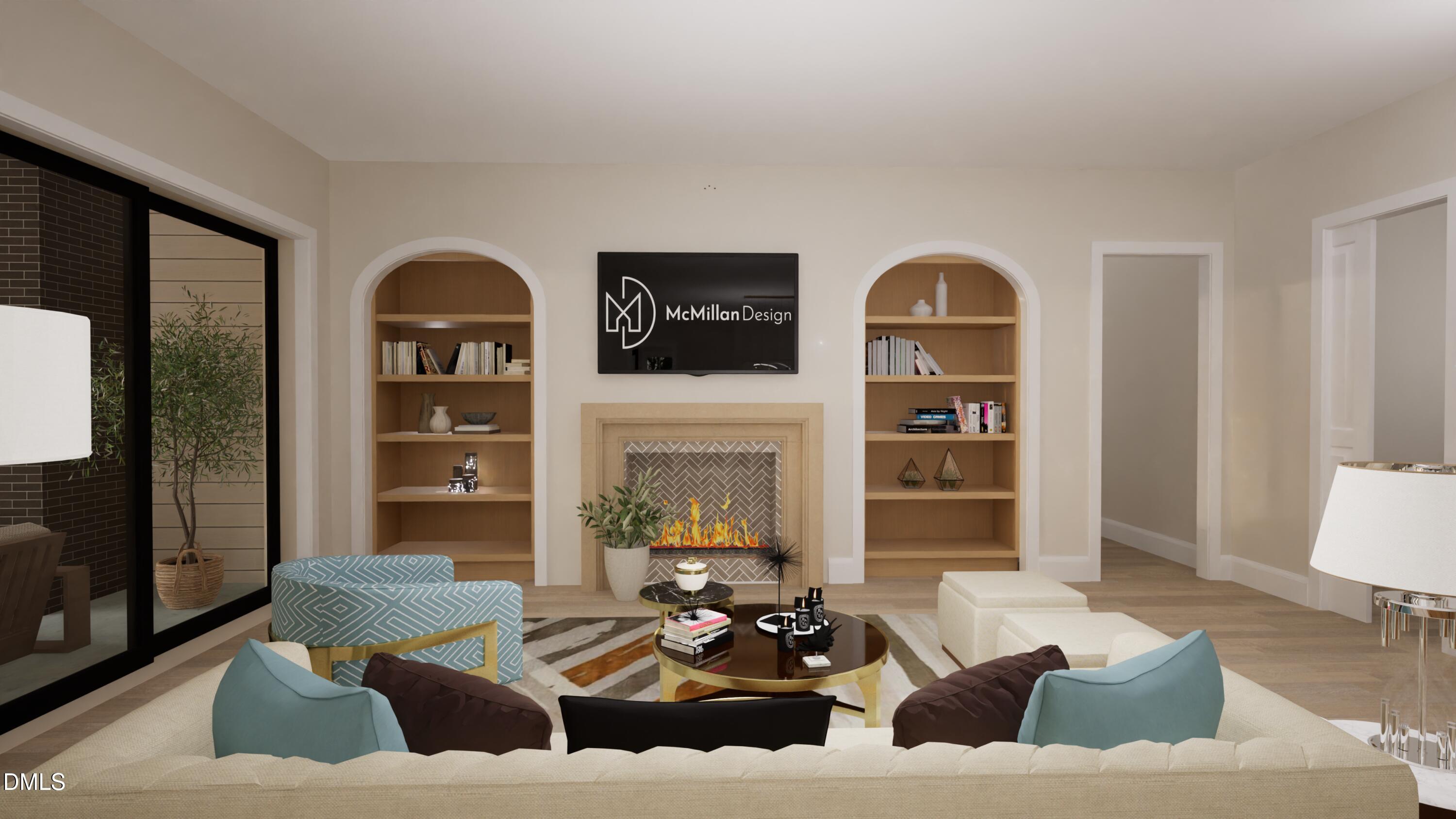 4801 Rampart Street Raleigh, NC 27609 - Photo 19 of 51 a living room with furniture and a fireplace