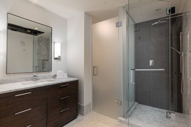 a bathroom with a granite countertop shower sink vanity and mirror