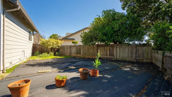 a garden view with a seating space