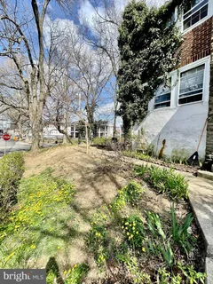 a view of a yard with yellow house