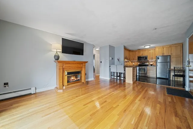 a living room with stainless steel fireplace furniture and a flat screen tv