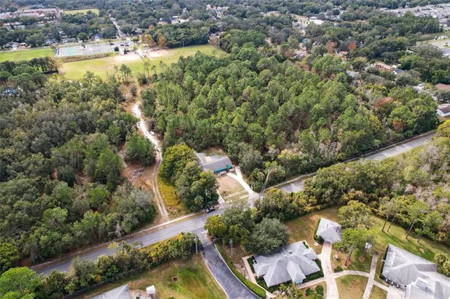 an aerial view of residential houses with outdoor space and trees