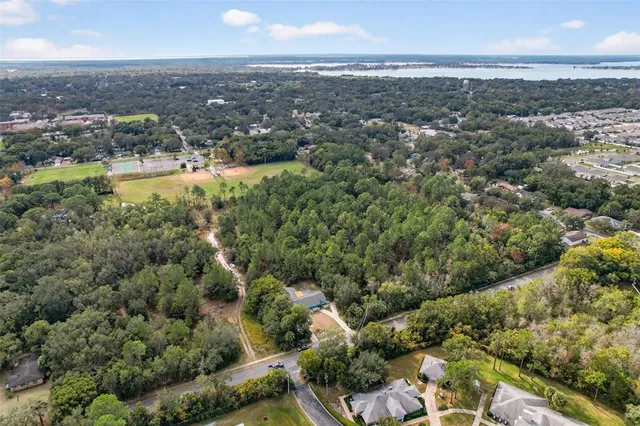 an aerial view of residential houses with outdoor space and trees