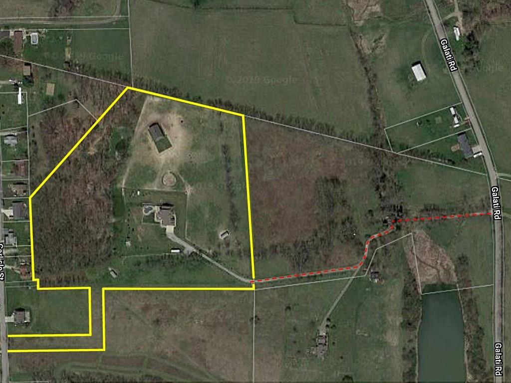 75 Galati Road McDonald, PA 15057 - Photo 3 of 25 13.6 Acres outlined in yellow with red dotted line showing the driveway from Galati Rd. *The yellow lines are for demonstration purpose only and may not represent actual property lines. The intension is to show the approximate lay of the land