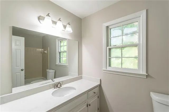 a bathroom with a sink vanity and a mirror