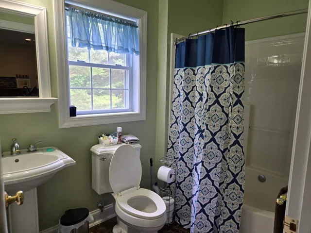 a bathroom with a sink toilet and a mirror