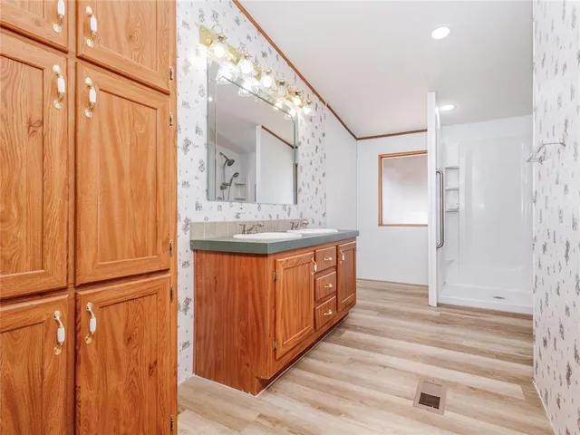 a bathroom with a sink a mirror and a shower