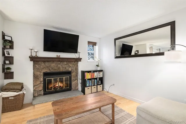 a living room with furniture a flat screen tv and a fireplace