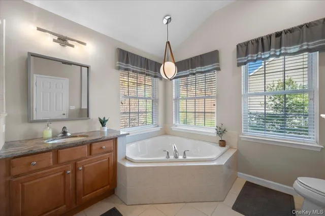 a bathroom with a tub sink and window