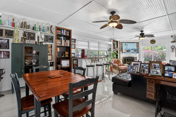 a view of a dining room with furniture