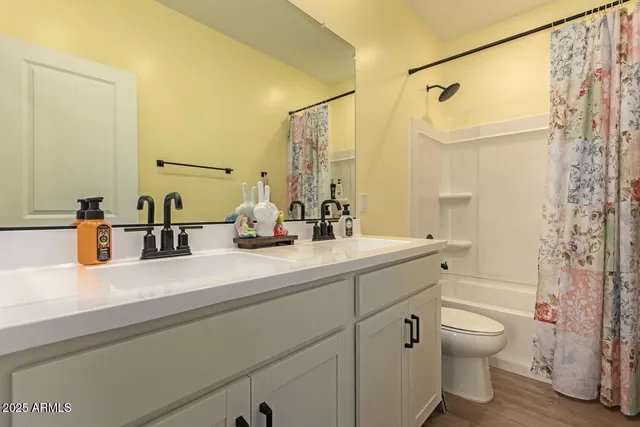 a bathroom with a double vanity sink toilet and shower