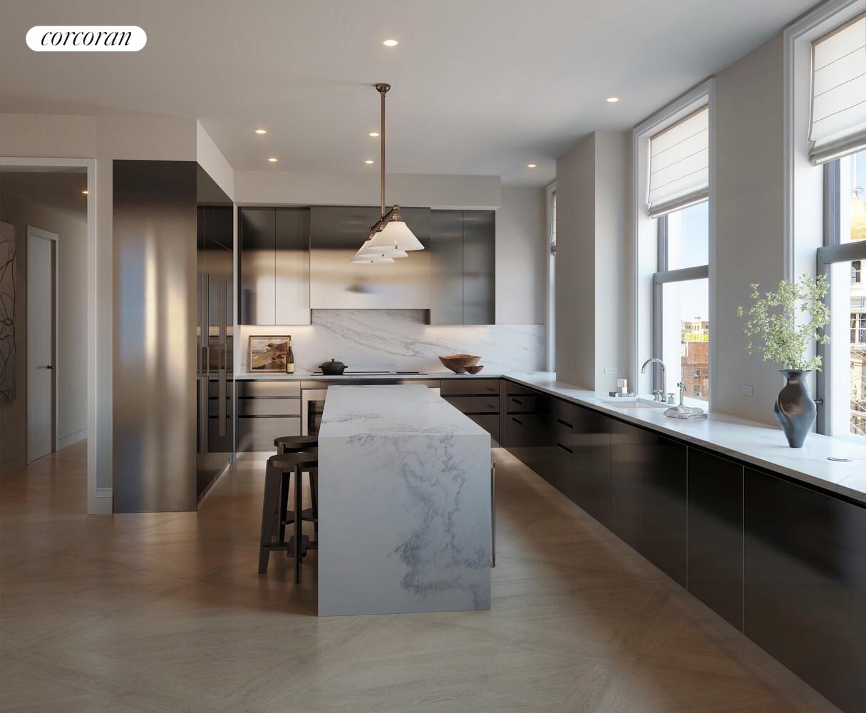 175 5th Avenue, Unit 6NORTH Manhattan, NY 10010 - Photo 5 of 16 a kitchen with stainless steel appliances kitchen island granite countertop a refrigerator a sink a stove and a wooden floors