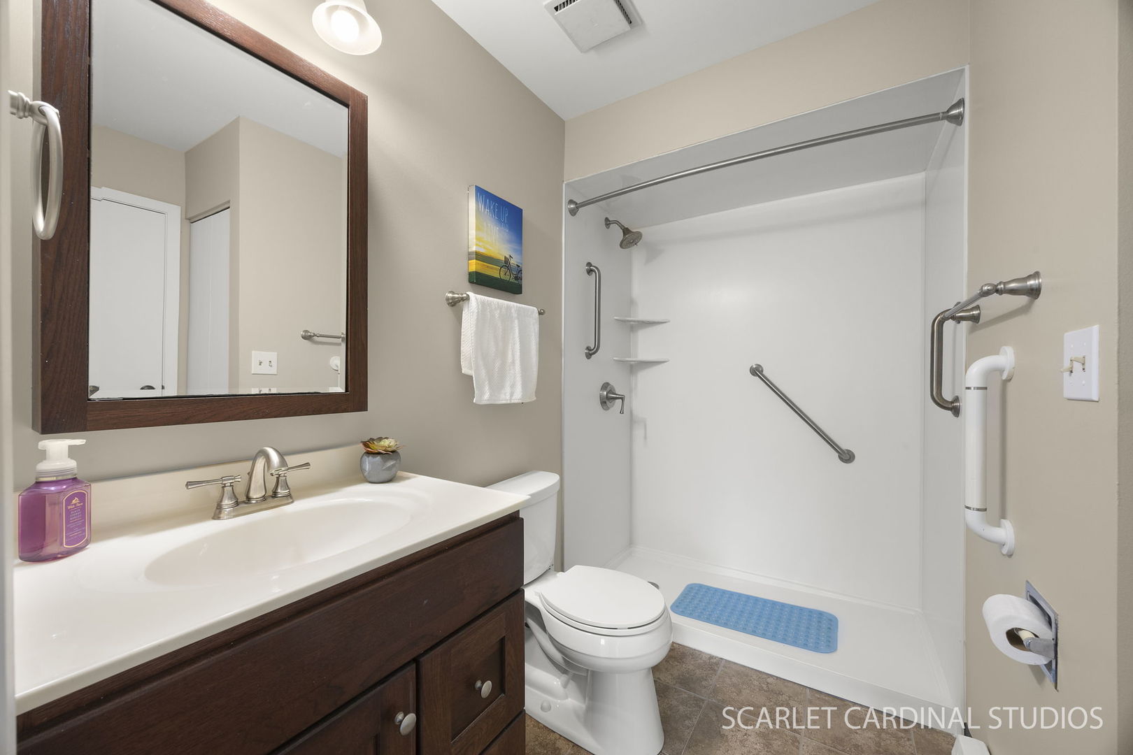 465 Echo Lane, Unit 2 Aurora, IL 60504 - Photo 9 of 12 a bathroom with a sink a toilet a mirror and shower