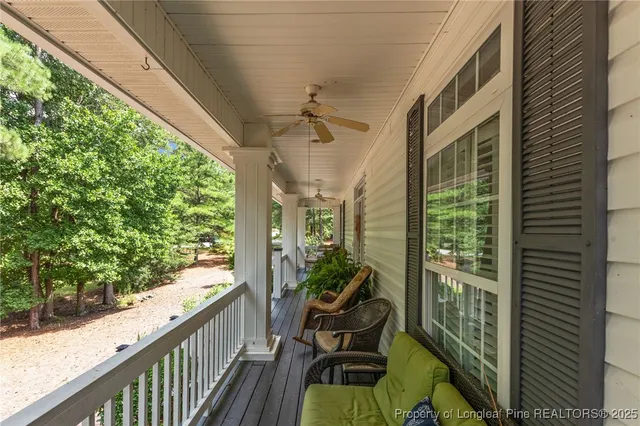 a view of a balcony with furniture and a potted plant