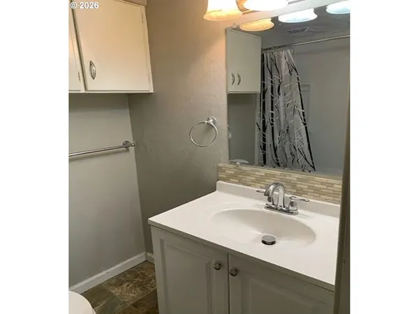 a bathroom with a sink vanity and a mirror
