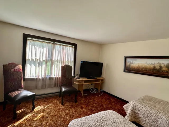 a living room with furniture rug and a window