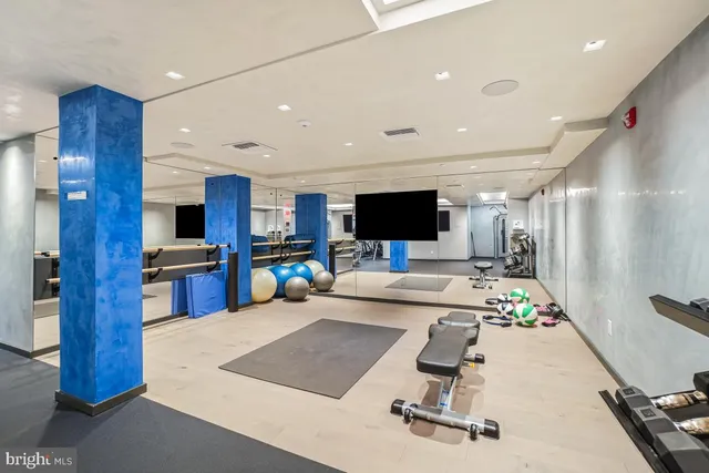 a view of a room with gym equipment