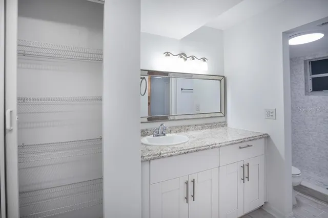 a bathroom with a granite countertop sink and a mirror