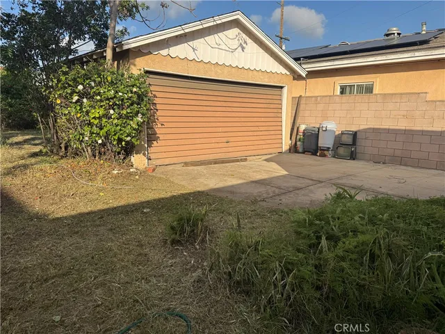 a view of a backyard with plants and large tree