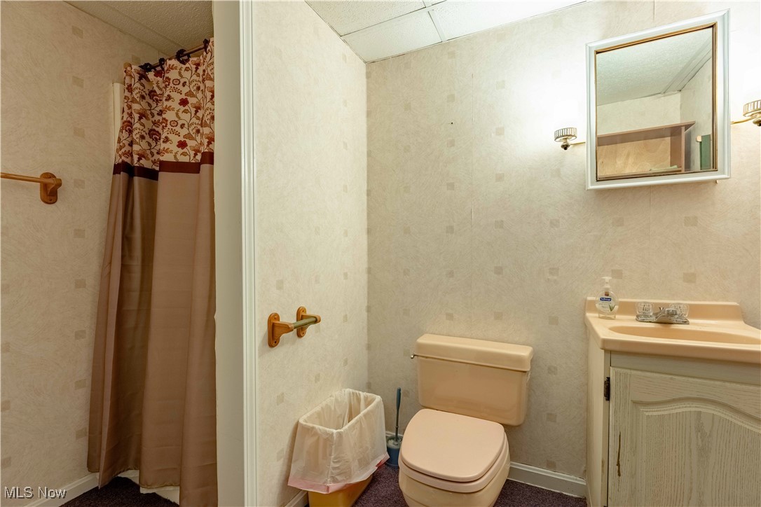 15544 West Calla Road Beloit, OH 44609 - Photo 35 of 40 Full bath with vanity, curtained shower, and a paneled ceiling